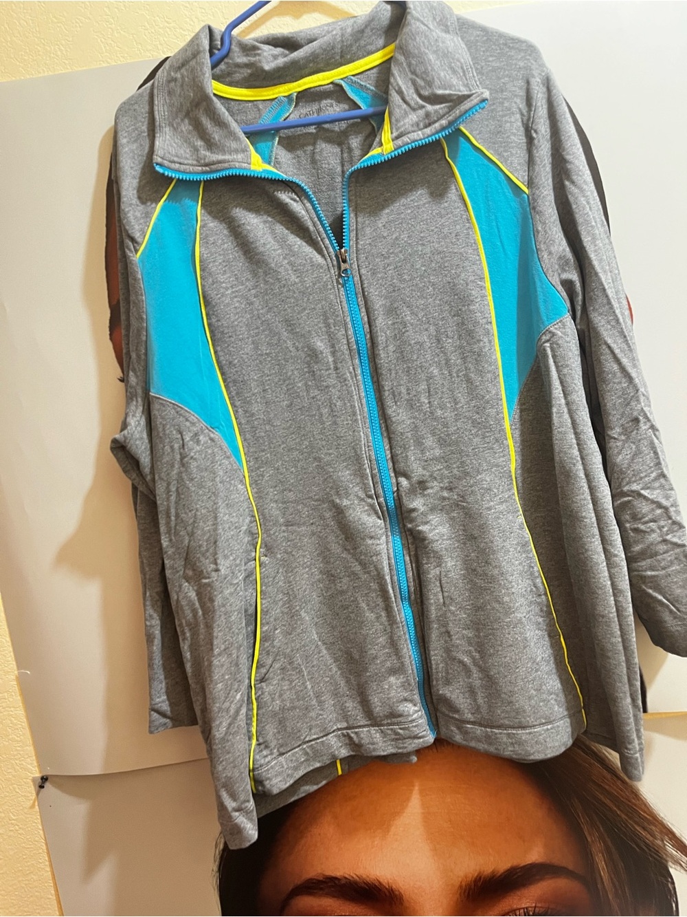Catherines Gray Jacket with Teal and Yellow Accents